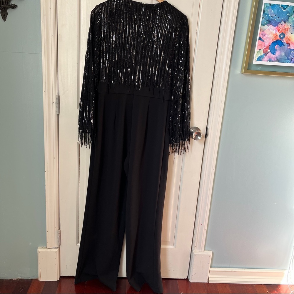 Eliza J Sequin Fringe Long Sleeve Jumpsuit Black 8 Evening Black Tie - Picture 12 of 14